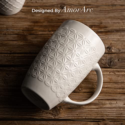 Amorarc Extra Large Coffee Mugs Set Of 6, 22Oz Ceramic Tall Coffee Mugs Set With Textured Geometric Patterns For Coffee/Tea/Beer/Hot Cocoa, Dishwasher & Microwave Safe,Beige #TOP3