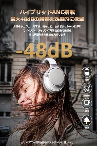 MIATONE Seattle（Bluetooth 5.4 ワイヤレス ヘッドホン）ハイブリッドアクティブノイズキャンセリング 最大48dB / 無線& AUX有線接続/外音取り込みモード/重低音/ヘッドホン収納ケース付き / 最大60時間音楽再生 / 40mm +10mmデュアルドライバー/マルチポイント対応 (ライトグレー)