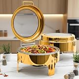 Gold Chafing Dishes for Buffet,6.5L Round Stainless Steel Chafing Dish Buffet Set with Transparent Hydraulic Lid, Buffet Warmer for Parties and Events