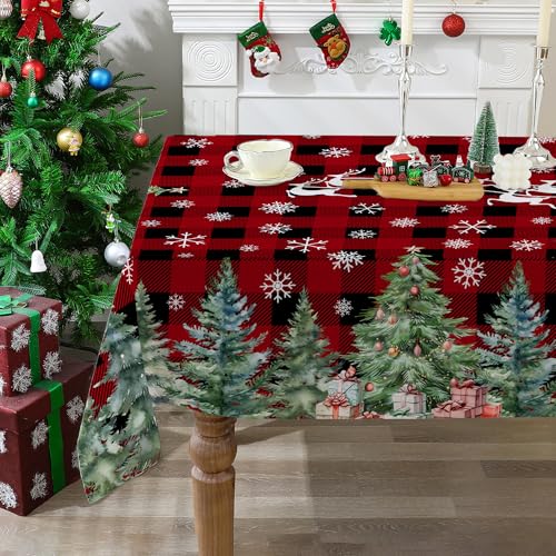 Christmas Tablecloth 60x84 Inches for Rectangle Tables - Christmas Tree Decor for Table - Water Resistant Plaid Xmas Table Cloth, Red Party Decorations for Kitchen, Home