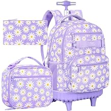 AGSDON Rolling Backpack for Girls, Women Roller Wheels Bookbag, Laptop Daisy Wheeled School Bag with Wheels for Teens