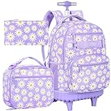 AGSDON Mochila com rodinhas 3 peças para mulheres e homens, mochila de viagem para laptop com rodas para adolescentes, Margarida, roxo, 31 cm x 25.4 cm x 52 cm, Mochilas Daypack