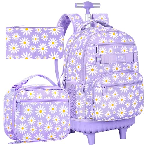 Rolling Backpack for Girls, Women Roller Wheels Bookbag, Laptop Daisy Wheeled School Bag with Wheels for Teens
