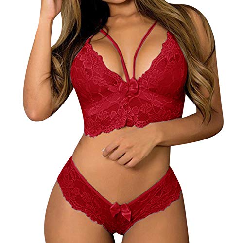 Bra and Panty Sets for Women,Women 2 Piece See Through Teddy Strap Bralette Bra Babydoll Underwear Set Red
