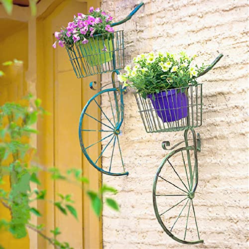 Set Of 2 Wall Flower Pot Holder Metal Bicycle Bike Plant Stand，Wall Mounted Planter Display Rack Shelf With Basket,Vintage Wall Decor Planter For Garden Patio Backyard Fence,Gift For Plant Lovers #TOP5