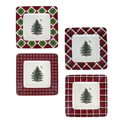 Spode Christmas Tree Tartan Canape Plates (Set of 4) - Festive Holiday Serving Dishes