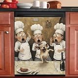 RTHDG Funny Chef Dishwasher Magnet Cover Fridge Vinyl Panel Decal, Running Little Dog Refrigerator Magnetic Skins Cover 3 Chefs Reusable Dishwasher Full Door Sticker 23' x 26' (Magnetic)