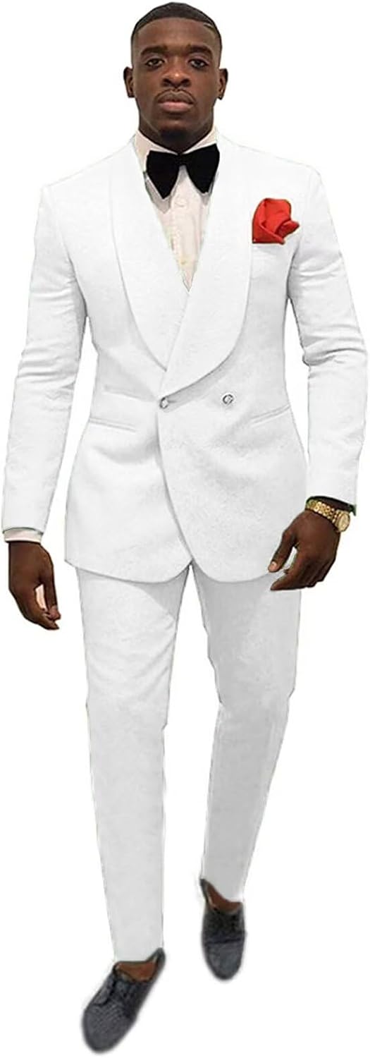 Elegant Double Breasted Suit Men Slim Fit 2 Piece Prom Tuxedo Shawl Lapel Blazer Pant Set