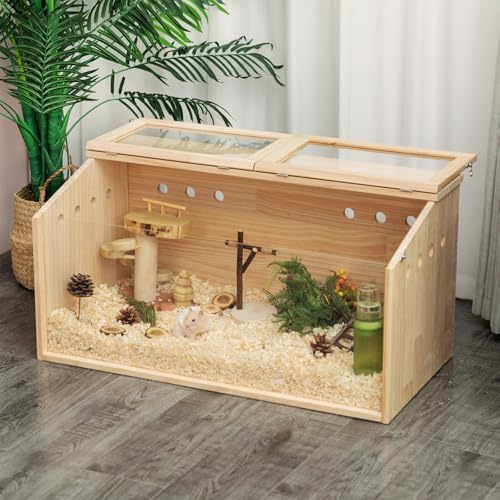 Large Wooden Hamster Cage with Transparent Acrylic Window and Openable Top for Syrian Hamsters, Chinchillas, and Gerbils
