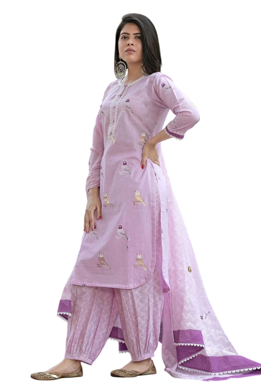 Women's Cotton Embroidered Straight Kurti with pant and Dupatta Set-picture-44