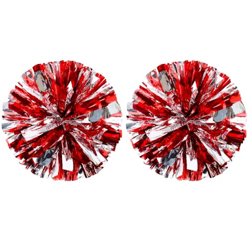 Regpre Pom Poms Cheerleading Red Silver 2 Pack, 12 in Ring Handles