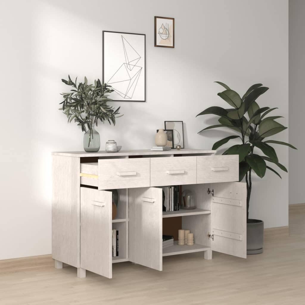 Modern White Solid Pinewood and MDF Sideboard with Matte Finish, Versatile Storage Cabinet for Living Room or Dining Area, Freestanding or Wall-Mounted Buffet Style Furniture