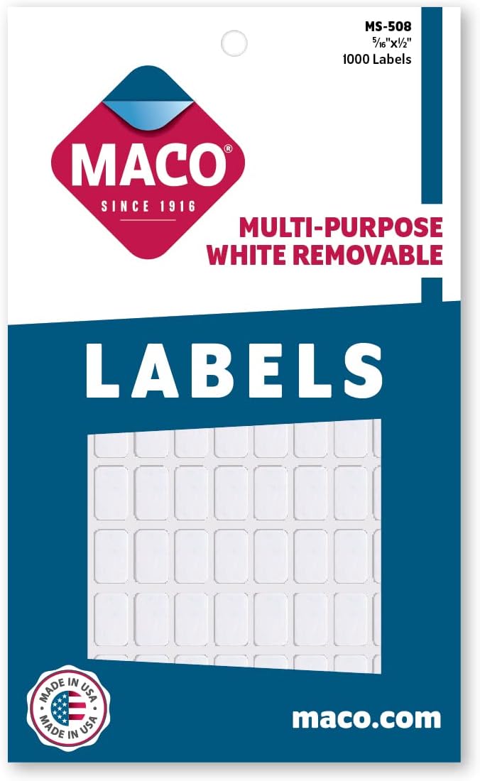 MACO White Rectangular Multi-Purpose Labels, 5/16 x 1/2 Inches, 1000 Per Box (MS-508)