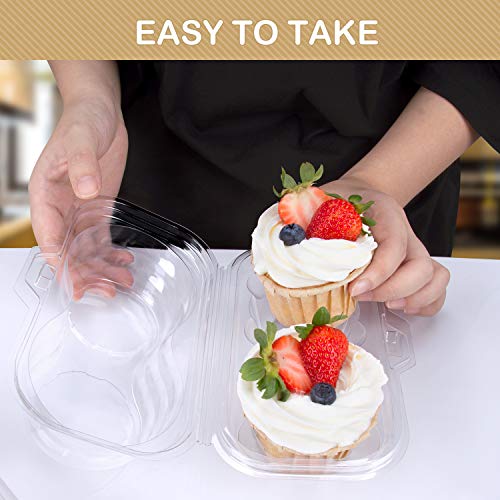 Himetsuya 2 Cavity Cupcake Boxes -50 packs -Stackable Regular Cupcake Carrier Holder, Thicker Clear Cupcake Boxes, Non-slip High Topping Cupcake Containers for Cupcakes, Muffins (2 cavity)