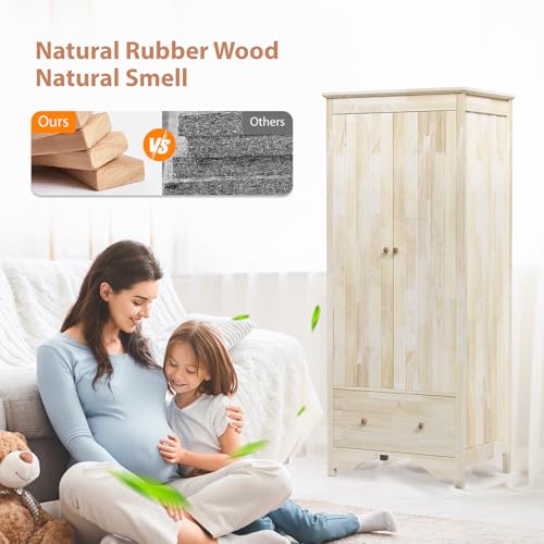 VINGLI Solid Wood Wardrobe Closet, Unfinished Wood Armoire Color DIY, Natural Rubber Wood Wardrobe Closet with Doors and Drawers, Real Wood Wardrobe Closet for Hanging Clothes, Wooden Wardrobe Cabinet - Image 4