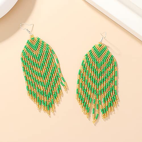 Yackrola Long Beaded Tassel Earrings – Big Bohemian Statement Handmade Native Beaded Tassel Dangle Earrings, Large Boho Tribal Seed Bead Fringe Drop Earrings For Women Girls (Green G, Zinc Alloy) #TOP3