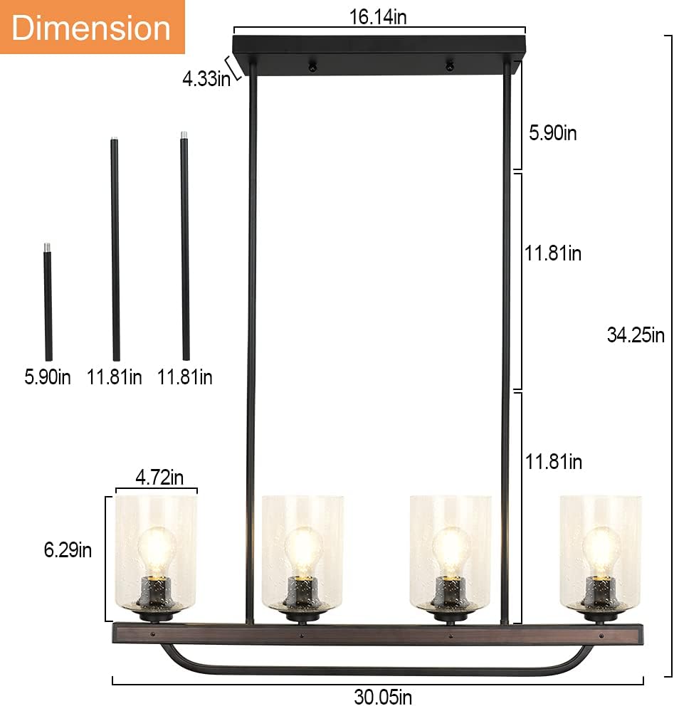 Depuley 4-Light Adjustable Kitchen Island Pendant Light Fixture, Rustic Metal Wood Chandelier Lighting Fixture Hanging with Glass Shade for Dining Room, Living Room, Restaurant, E26 Base - - 