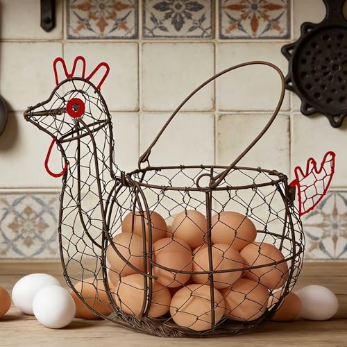 TAIANLE Wire Chicken Egg Basket for Gathering Fresh Eggs, Rustic Rooster Shaped Metal Egg Collecting Basket with Handle, Kitchen Countertop Storage, Vintage Farmhouse Decor Organizer