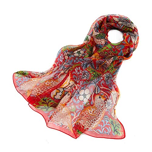 Signare Women's 100% Silk Art Scarf/Headwear in William Morris Strawberry Thief Red (SC-SILK-WM-STRD)