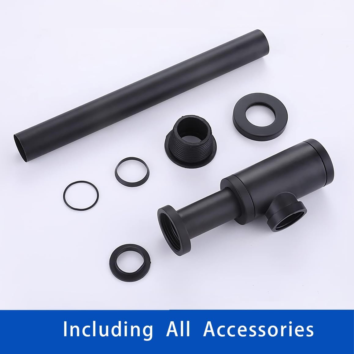 Matte Black Round Bottle P-Trap Drain Kit, 1-1/4 Inch Adjustable Wall Mount Basin Waste Pipe, Rust-Proof Brass Waste Drain Replacement for Bathroom Vanity Sinks