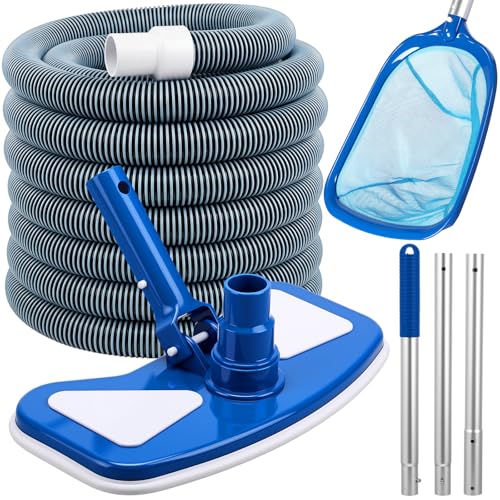 Innconee 4 Pcs Swimming Pool Vacuum Kits 11.8" Vacuum Head with 1-1/2" x 29.5 ft Hoses, 13.7ft Pole and 17" Skimmer Net Flexible Head with Wheels for Above Ground Inground Hot Tub Cleaning Tool