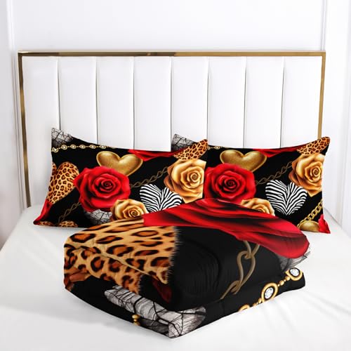 Image of AILONEN Red and Gold Rose Comforter Set Queen,Leopard Print Black and White Hearts Comforter,3Pcs Women Girls Soft Bedding Set,Romantic Couple Comforter with 2 Pillowcases