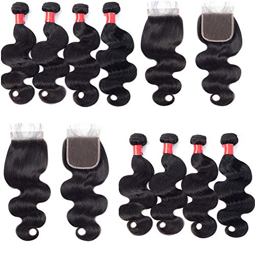 Brazilian Virgin Hair 4 Bundles with Closure Body Wave 8A 100% Unprocessed Hair Bundles with Lace Closure Human Hair Weave Bundles Hair Extensions (22 24 26 28+20inch) by Superfect