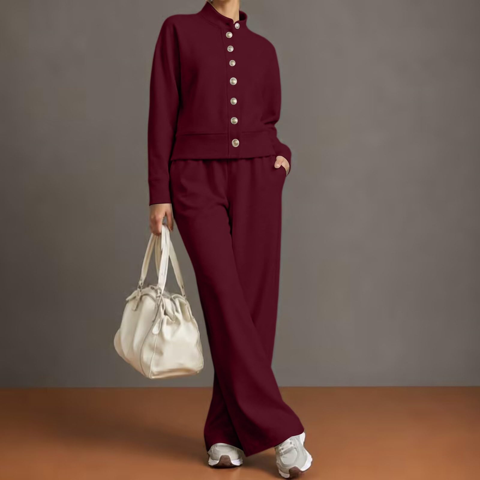 Set da 2 pezzi da donna autunno inverno sottile foderato in pile tute a maniche lunghe felpa con bottoni a gamba larga pantaloni jogger casual sciolto collo a lupetto tuta calda accogliente loungewear