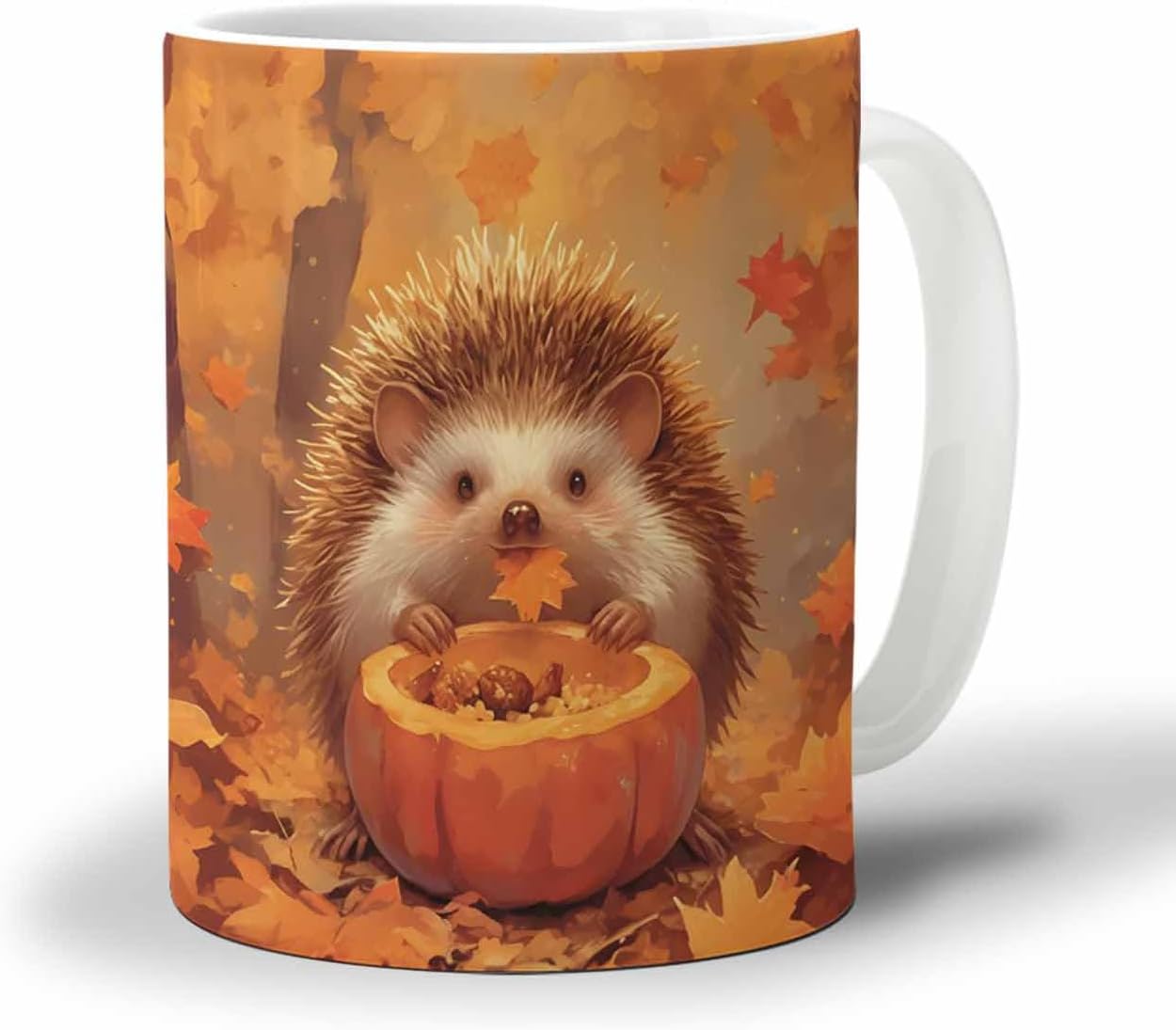 BEMIGO Ceramic Coffee Mug Fall Hedgehog Pumpkin Ceramic Mug White Cup, Maple Forest Insulated Coffee Cup with Handle with Pattern Perfect for Tea and Hot Beverages, 12oz