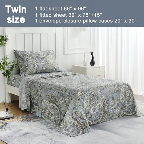 Image of JSD Vintage Paisley Printed Twin Sheet Set Extra Deep Pocket | 3 Piece Soft Microfiber Sheets, OEKO-TEX Certified, Easy Care