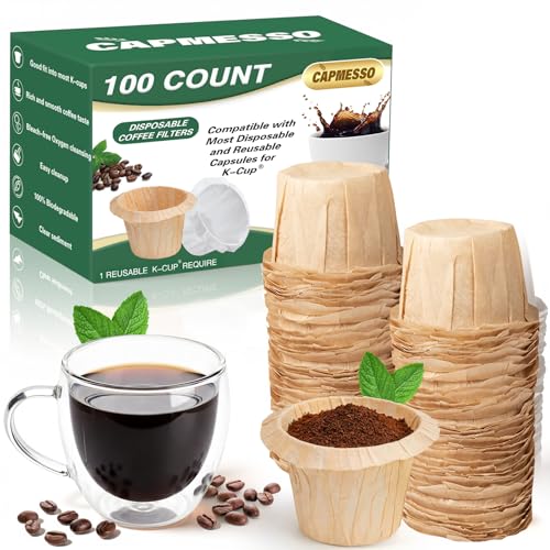 Image of CAPMESSO Disposable Coffee Paper Filters, 100 Count Keurg Cup Coffee Filters Compatible with Keurg Brewers Reusable Single Serve 1.0 and 2.0 Coffee Maker (100 Count, Unbleached)