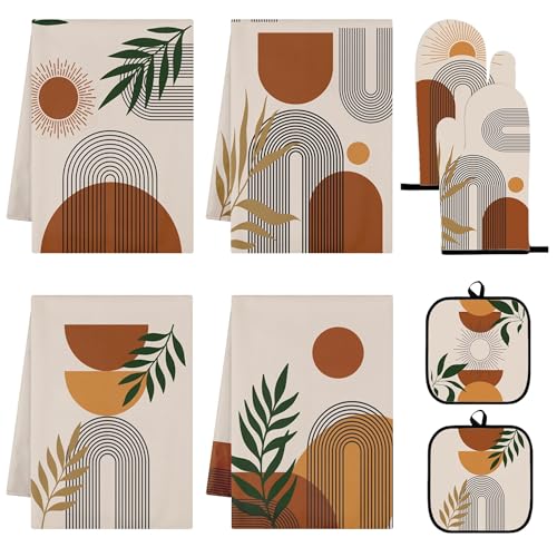 8 Pcs Boho Kitchen Towels Sets with Oven Mitts and Pot Holders Boho Bohemian Kitchen Decor Accessories Rustic Mid Century Absorbent Microfiber Dish Towels Set with Pot Holders for Home Cooking Gifts