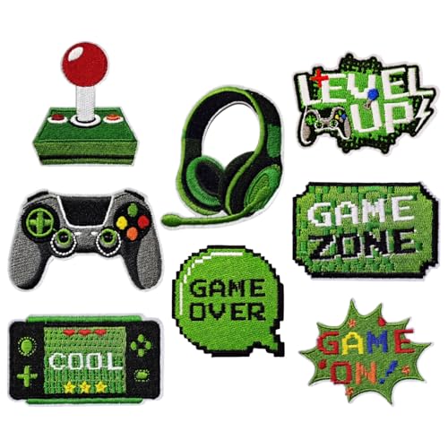 8PCS Video Game Patch, Green Gaming Embroidery Patch, Pixelated Game Day Sew Iron On Patch Embroidered Applique Repair Patch DIY Craft Accessories (8PCS)