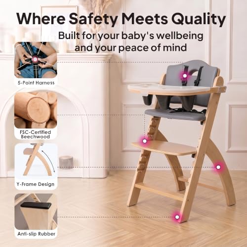 Image of Abiie Beyond Junior Wooden High Chair for Babies and Toddlers - Convertible 3-in-1 Baby Highchair with Removable Tray - 6 Months to 250 Lb - Water Resistant - Natural Wood with Dark Grey Cushion
