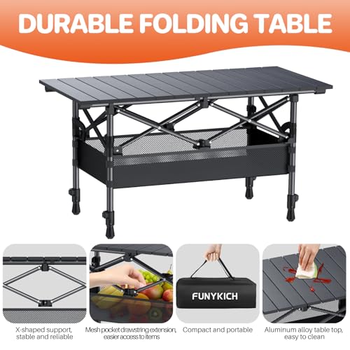 FUNYKICH Folding Camping Table(L32.3''xW15.7''), Aluminum Roll-up Portable Picnic Table with 2 Adjustable Height, Large Storage and Carrying Bag for Picnic, Camping, BBQ, Party, Backyard, Beach - Image 6