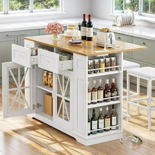Mann Mart‚Kitchen Island with Seating & Storage: Expandable Drop-Leaf Design, Rolling Cart for Kitchen Organization