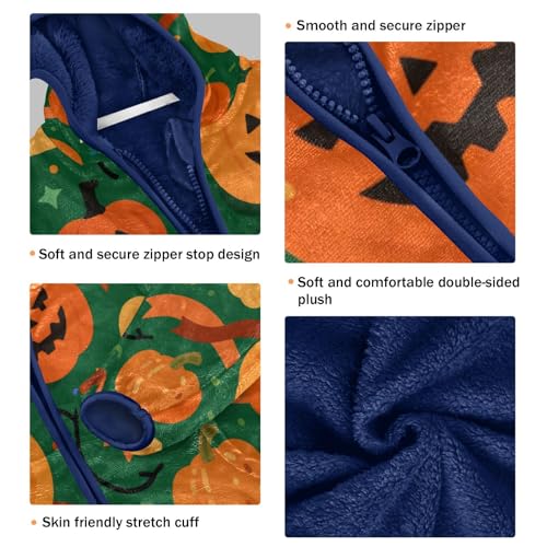 Halloween Pumpkins on Green Background Toddler Fleece Jacket Girl Boys Hooded Fleece Jacket Coat3