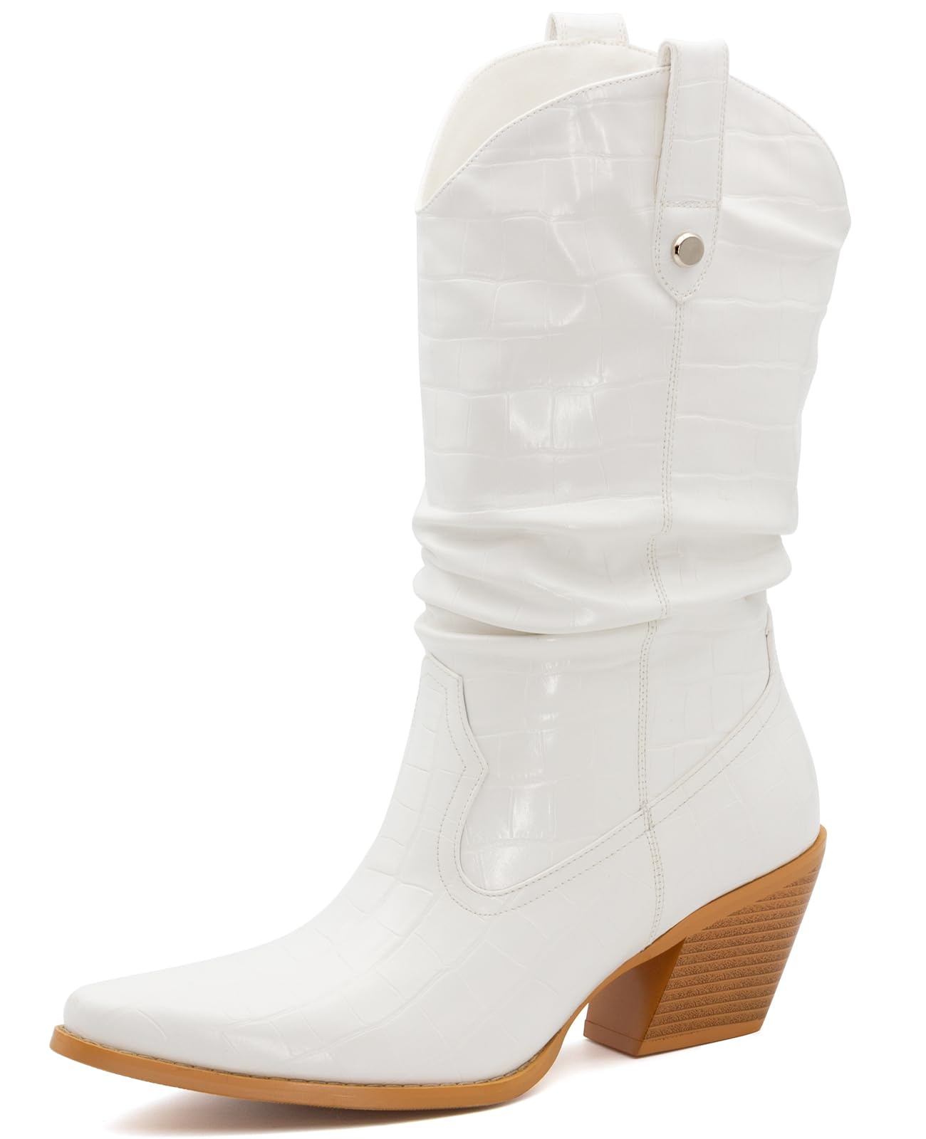 MISSMILLER Women's Square Toe Cowboy Cowgirl Boots Embroidered Mid Calf Chunky Heel Western Boots