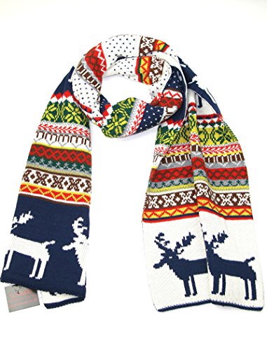 Christmas Scarfs For Men And Women - Navy Blue Reindeer And Snowflake Xmas Scarf - Knitted Warm Winter Long Ladies Christmas Scarves Festive Themed Gifts Present on Christmas or Birthday