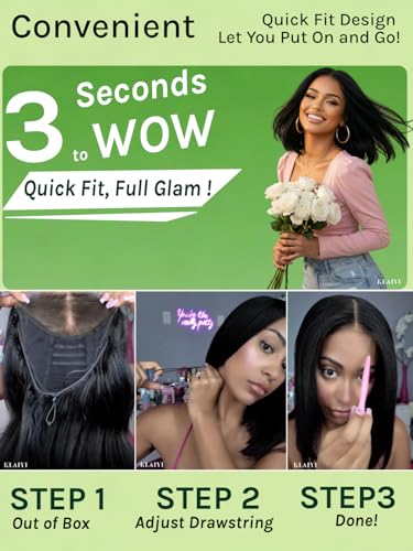 Image of KLAIYI Bye Bye Slip Bob Wig Human Hair Glueless Precut 7x5 HD Lace Front Wigs Drawstring Sleek Straight Pre Plucked Bleached Knots Pre Everything 30S Ready to Wear and Go Wig Beginner Friendly 14Inch