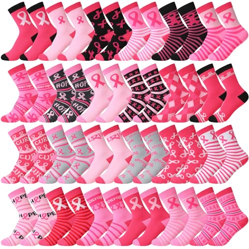 Liitrsh 24 Pairs Breast Cancer Awareness Socks Athletic Pink Ribbon Crew Socks Pink Cheer Socks Breast Cancer for Women Running Travel Sport Birthday Gifts