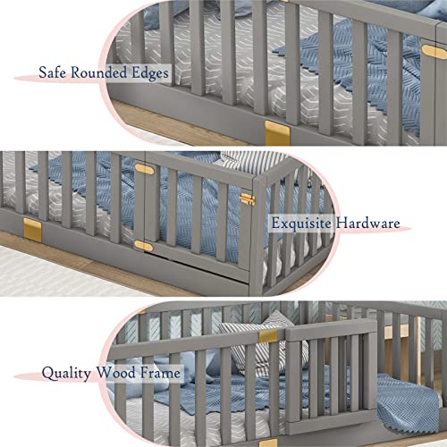 Tatub Twin Floor Bed With Safety Guardrails And Door, Montessori Floor Bed For Kids, Wood Kids Floor Beds Frame, Door Can Install Left And Right, Twin-Grey #TOP7