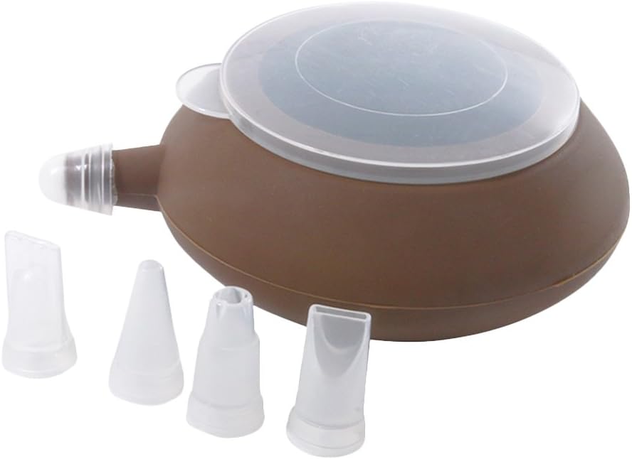 CosyDeal Silicone Macaron Pastry Cake Dessert Biscuits Bread Fondant Cookie Baking Decoration Squeezer Pen with 4 Nozzles Set, Brown, Pot Shape (L)