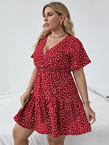Floerns Women's Plus Size Wrap V Neck Short Sleeve Ruffle Hem A Line Short Dress Red 2Xl #TOP2