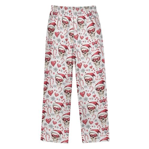 Christmas Pajama Pants Skull with Red Santa Hats Heart Long Sleep Pants Lounge Bottoms2