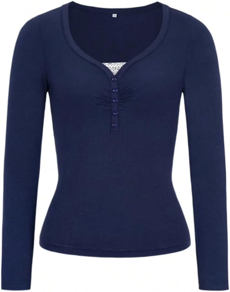 Women Y2k Aesthetic V Neck Button Down Henley T Shirt Coquette Slim Fit Long Sleeve Lace Trim Crop Top - Image 5