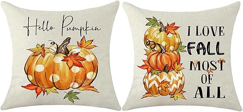 Juego de 2 fundas de almohada decorativas de lino y algodón con diseño de calabazas naranjas con texto en inglés "I Love Fall Most of All Home para