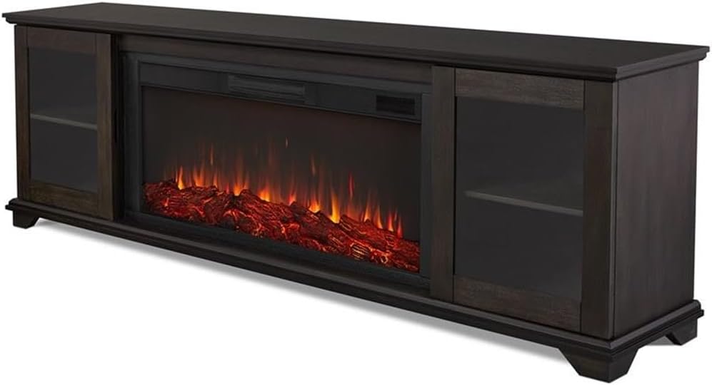 Pemberly Row Solid Wood Landscape Media Electric Fireplace, 81 in Wide, Weathered Brown Finish, Glass Doors, Adjustable Thermostat, Heatless Flame Option, Entertainment Center for Living Room Use