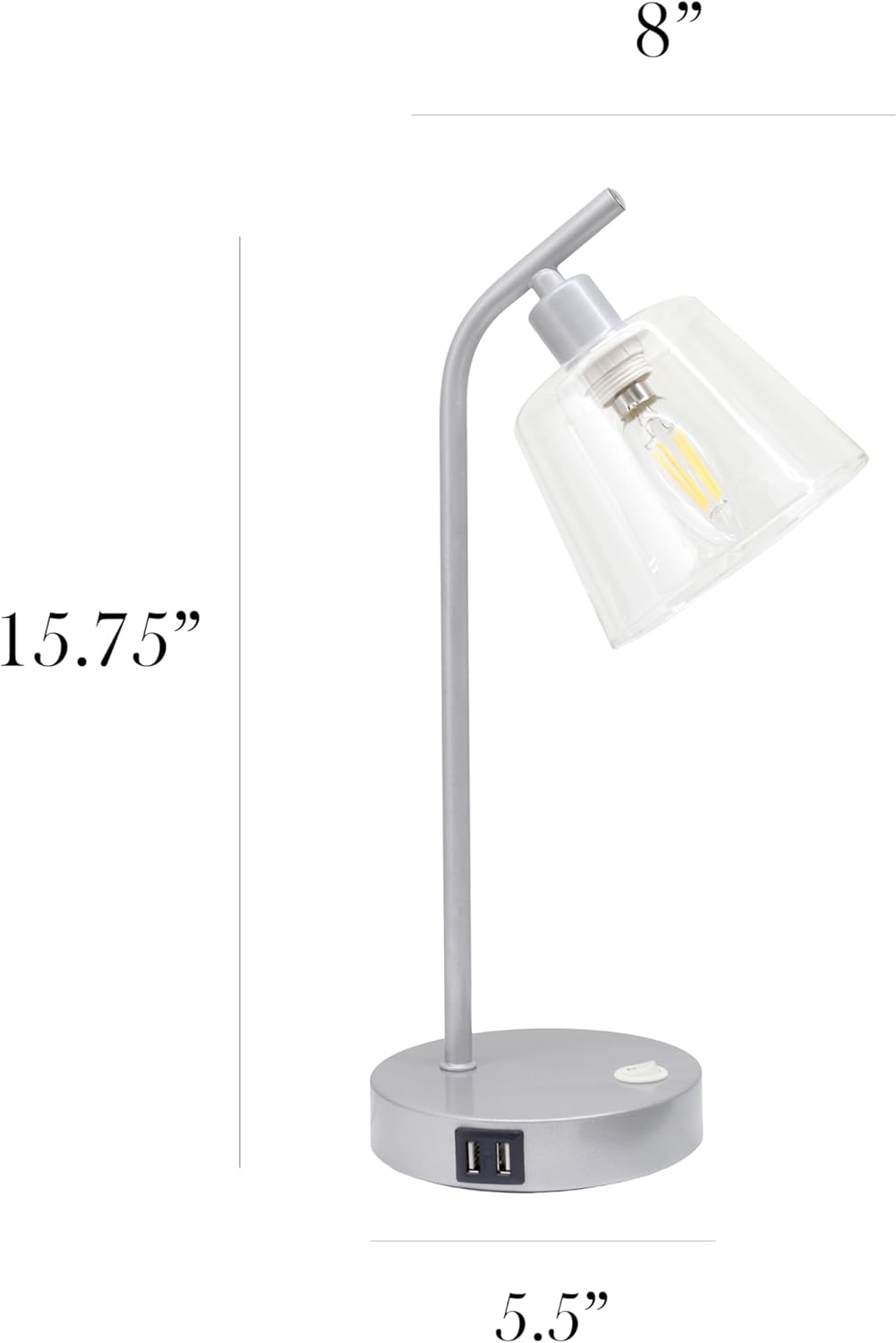 Simple Designs LD1074-SLV 15.75" Sleek Essentials Modern Industrial Metal Desk Lamp with Clear Glass Shade and Dual USB Ports, for Office, Desk, Nightstand, Dorm, Silver