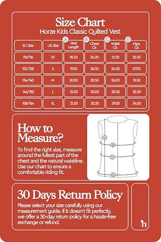 Image of HORZE Kid's Unisex Quilted Softshell Lightweight Windproof Equestrian Riding Vest | Size Chart in Image